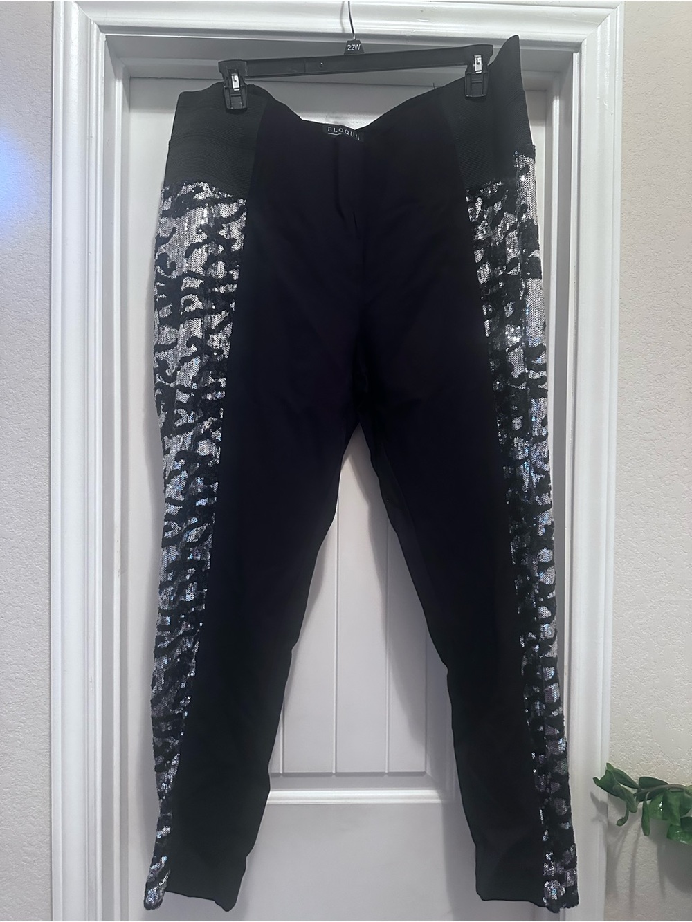 Eloquii Black Leggings with Silver Sequin Animal-Print Side Panels